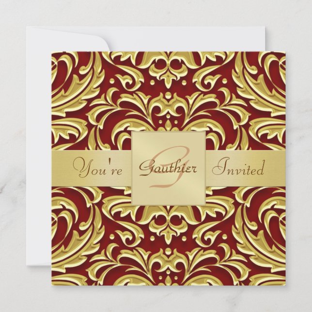Holiday Red Metal Damask Foil Monogram Invitation (Front)