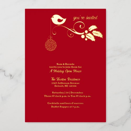 Holiday Red Open House Christmas Party Gold Foil Invitation