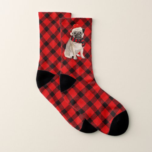 Holiday Red Plaid and a Pug Dog Christmas Socks