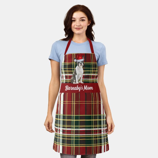 Holiday Red Plaid Boston Terrier Dog Christmas Apron (Worn)