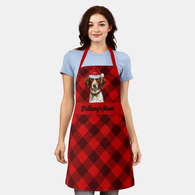 Holiday Red Plaid Brittany Spaniel Dog Christmas Apron (Worn)