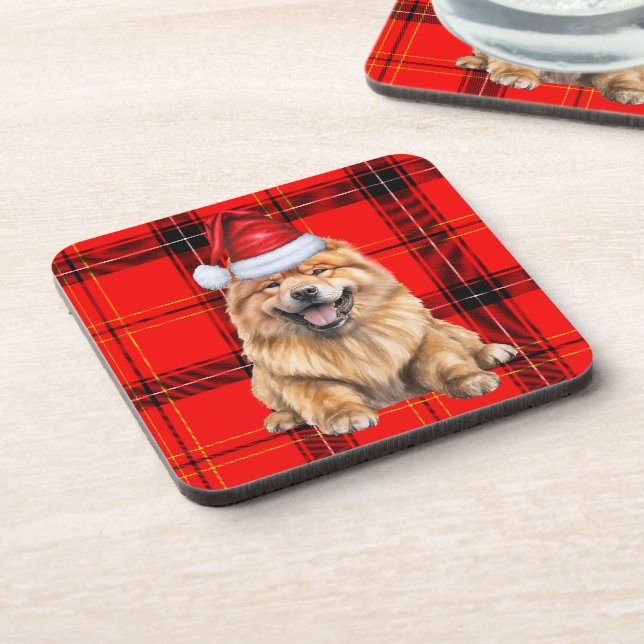 Holiday Red Plaid Chow Chow Santa Dog Beverage Coaster (Left Side)