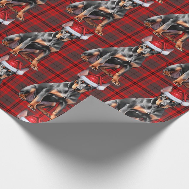 Holiday Red Plaid Doberman Santa Dog Christmas Wrapping Paper (Corner)