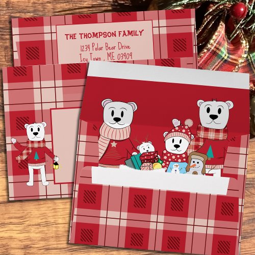 Holiday Red Plaid Envelope and Polar Bears