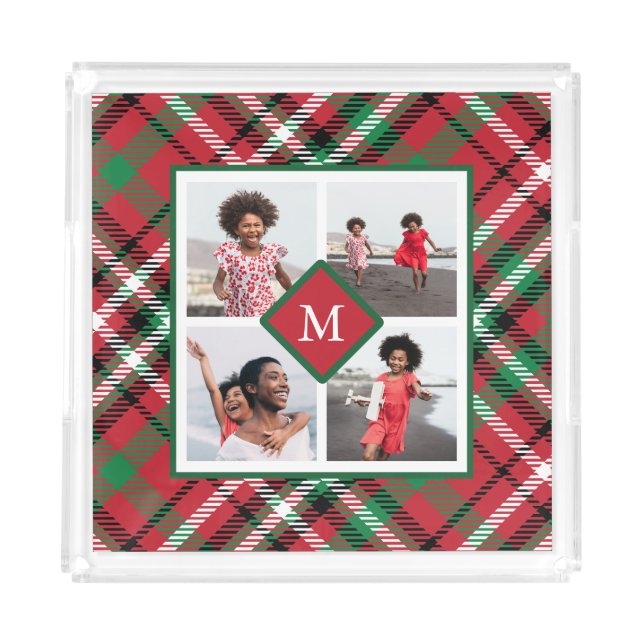 Holiday Red Plaid Photo Collage and Monogram Acrylic Tray (Front)