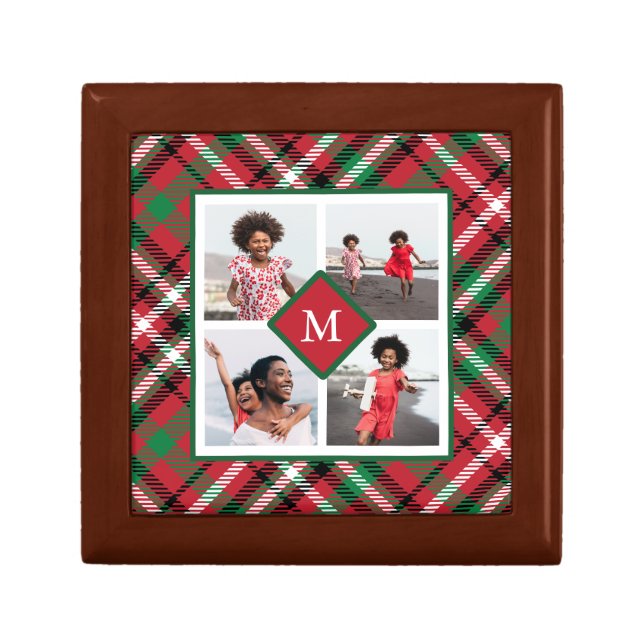 Holiday Red Plaid Photo Collage and Monogram Gift Box (Front)