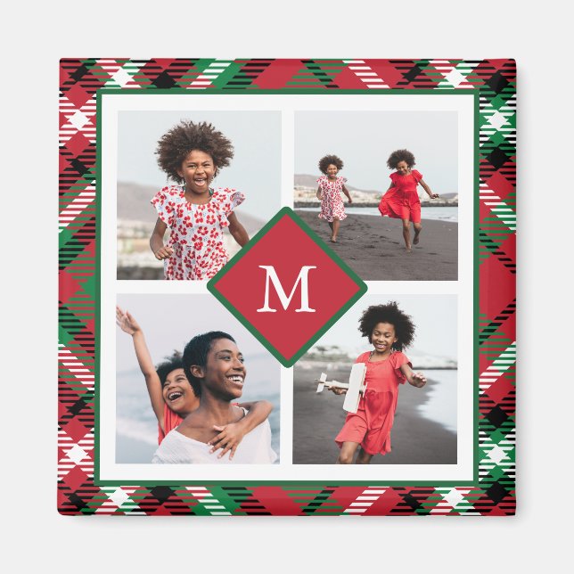 Holiday Red Plaid Photo Collage and Monogram Magnet (Front)