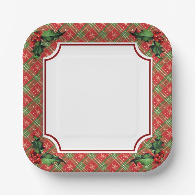 Holiday Red Plaid with Holly Paper Plates (Front)