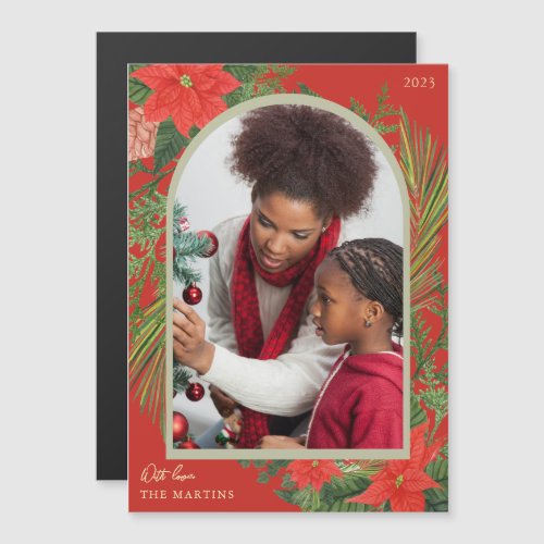 Holiday Red Poinsettia and Greenery Photo Magnet