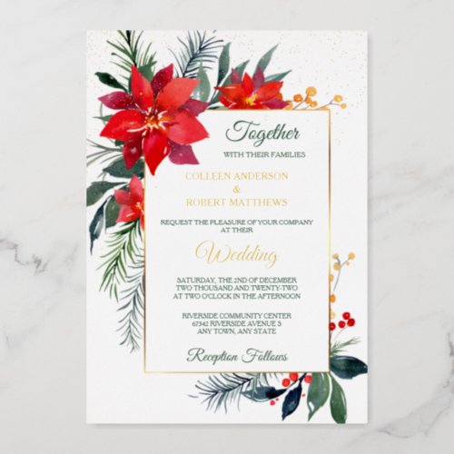 Holiday Red Poinsettia Gold Frame Wedding Foil Invitation