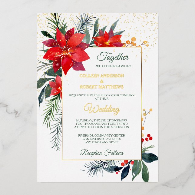 Holiday Red Poinsettia Gold Frame Wedding Foil Invitation (Front)