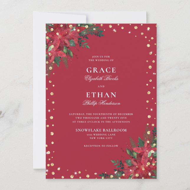 Holiday Red Poinsettia Gold Glitter Wedding Invitation (Front)