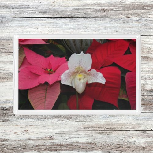 Holiday Red Poinsettias and Lady Slipper Orchid Acrylic Tray