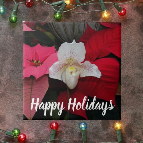 Holiday Red Poinsettias and Lady Slipper Orchid Ceramic Tile