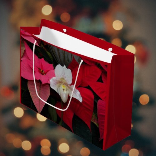 Holiday Red Poinsettias and Lady Slipper Orchid Large Gift Bag