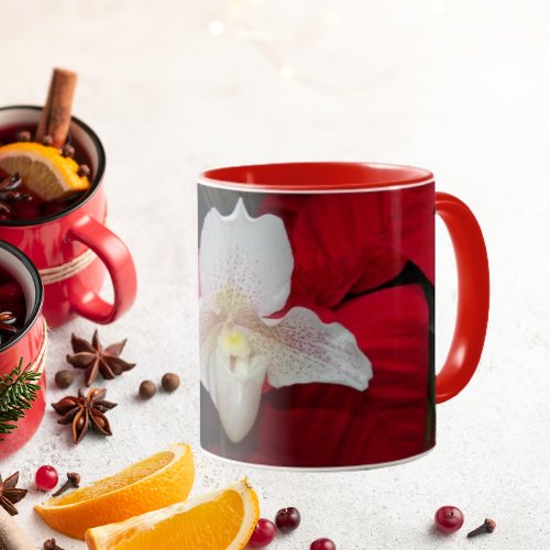 Holiday Red Poinsettias and Lady Slipper Orchid Mug