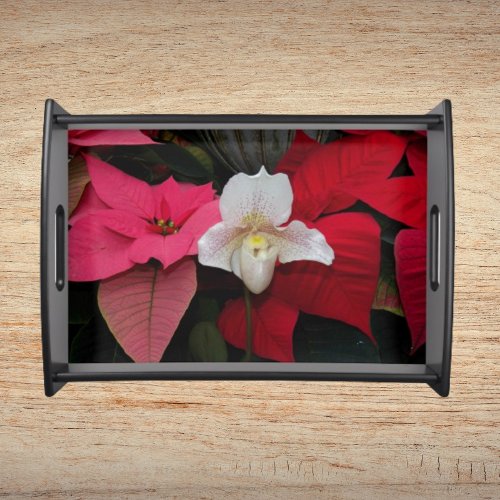 Holiday Red Poinsettias and Lady Slipper Orchid Serving Tray