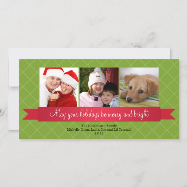 Holiday red satin ribbon green lattice greeting (Front)