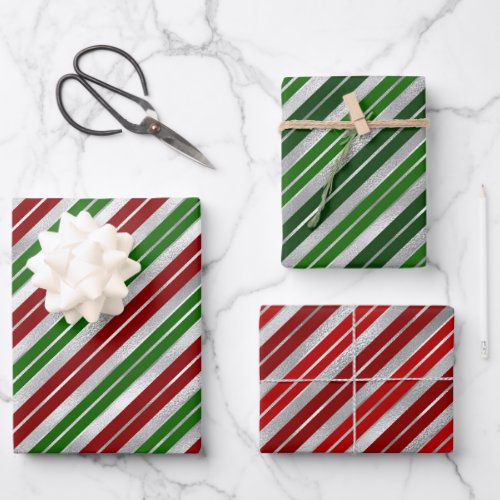 Holiday Red Silver and Green Christmas Stripes Wrapping Paper Sheets