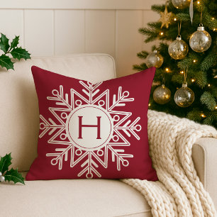 Holiday Red Snowflake Monogram Throw Pillow