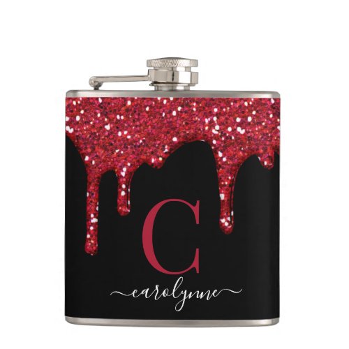 Holiday Red Sparkle Glitter Drips Monogram Black Flask