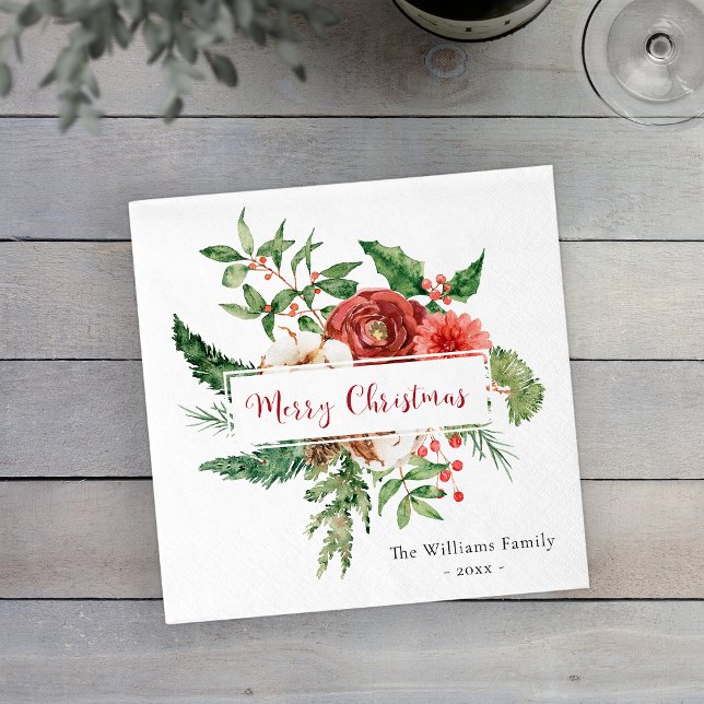 Holiday Red Watercolor Botanical Merry Christmas Paper Dinner Napkins (Holiday Red Watercolor Botanical Merry Christmas Paper Dinner Napkins
)