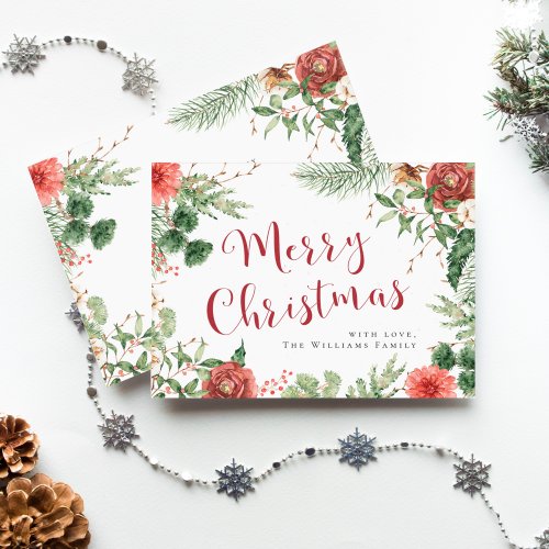 Holiday Red Watercolor Floral Merry Christmas Card