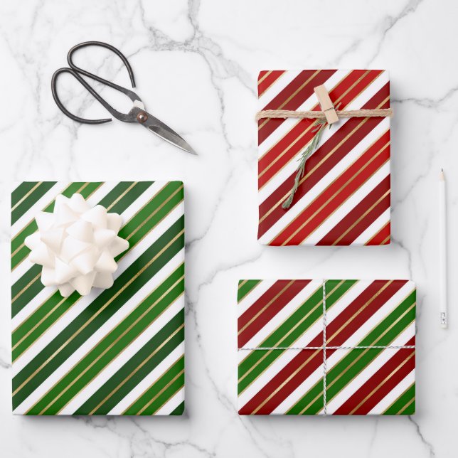 Holiday Red, White and Green Christmas Stripes Wrapping Paper Sheets (Front)