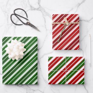 Holiday Red, White and Green Christmas Stripes Wrapping Paper Sheets