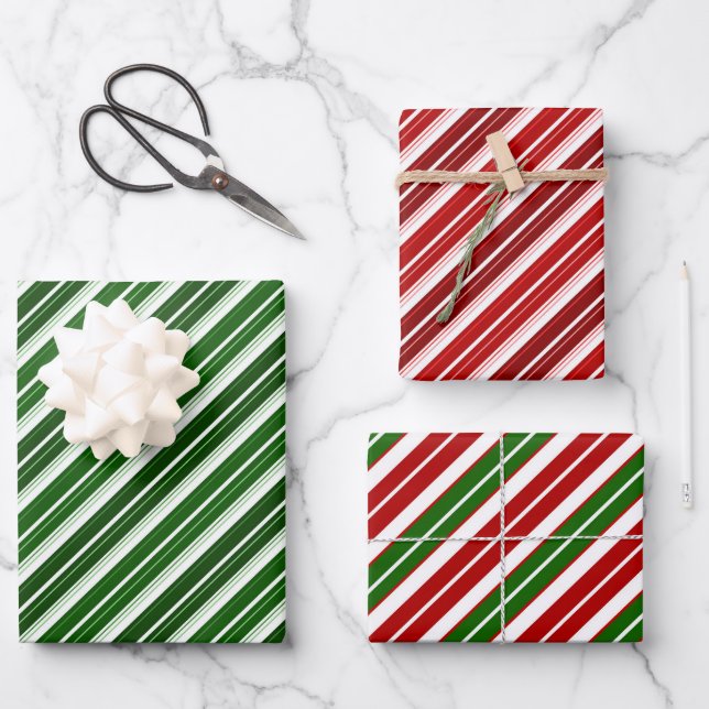 Holiday Red, White and Green Christmas Stripes Wrapping Paper Sheets (Front)