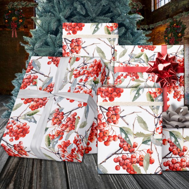 Holiday Red Winterberry Holly  Wrapping Paper (Holiday Red Winterberry Holly Wrapping Paper Rolls in 6 & 15 foot lengths in matte or semi gloss.)