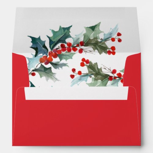 Holiday Red With Watercolor Holly and Berries Envelope