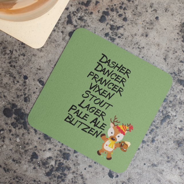 Holiday Reindeer Beer Drinks Funny Christmas Square Paper Coaster (Creator Uploaded)