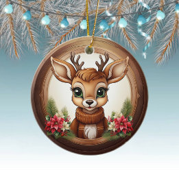 Holiday Reindeer Festive poinsettia flower 🦌🎄 Ceramic Ornament