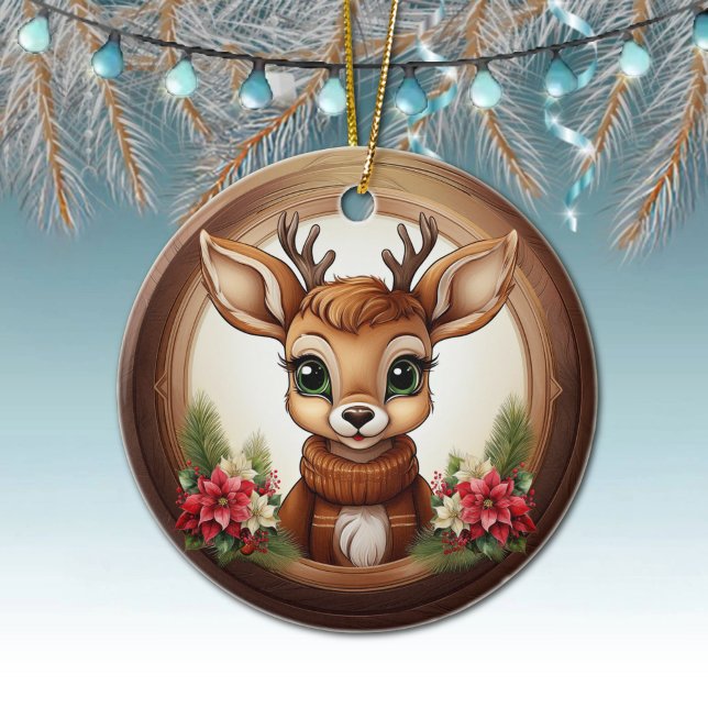 Holiday Reindeer Festive poinsettia flower 🦌🎄 Ceramic Ornament (Holiday Reindeer Festive poinsettia flower Ceramic Ornament Cute Winter Woodland Wildlife Deer 🦌🎄)
