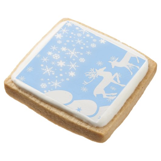 Holiday Reindeer in Blue Square Shortbread Cookie (Angled)