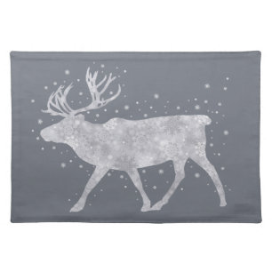 Holiday Reindeer Neutral Grey/White Snowflakes Cloth Placemat