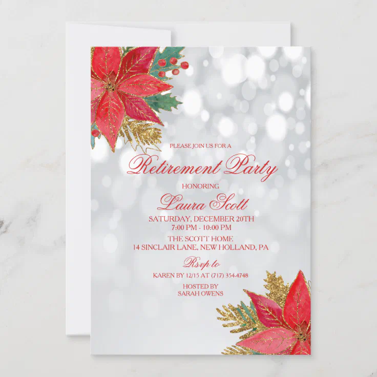 Holiday Retirement Party Poinsettia Invitation | Zazzle