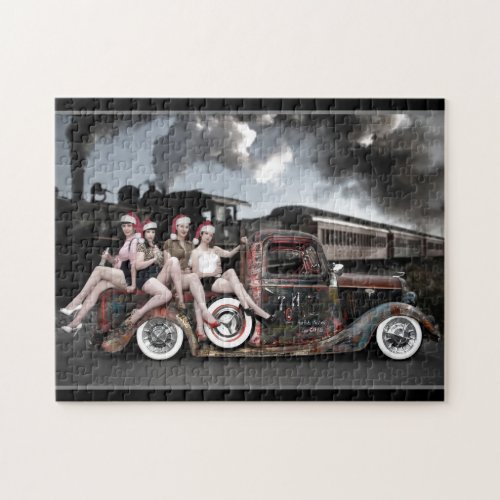 Holiday Roackabilly Hot Rod Santa Pin Up Girls Jigsaw Puzzle