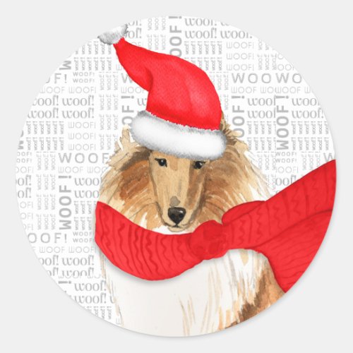 Holiday Rough Collie Dog and Woof Art Christmas Classic Round Sticker