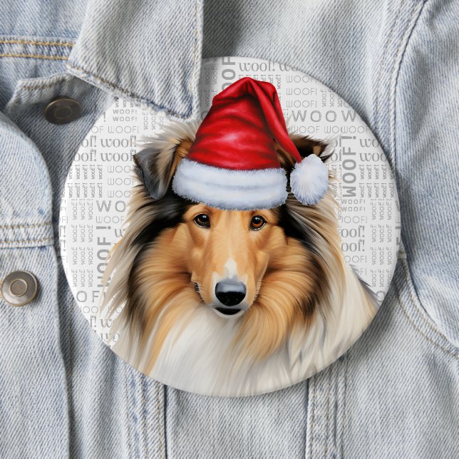 Holiday Rough Collie Dog on Woof Background Button (In Situ)