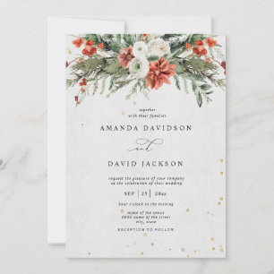 Holiday Rustic Pine Greenery & Red Berries Wedding Invitation