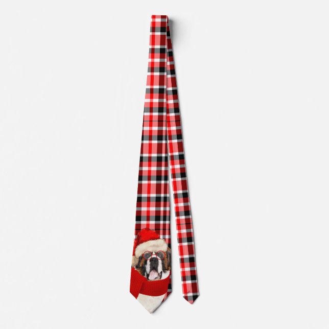 Holiday Saint Bernard Dog Red Plaid Christmas Neck Tie (Front)