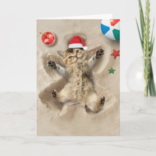 Holiday Sand Angels Cat _ Cute Cat Merry Christmas Card