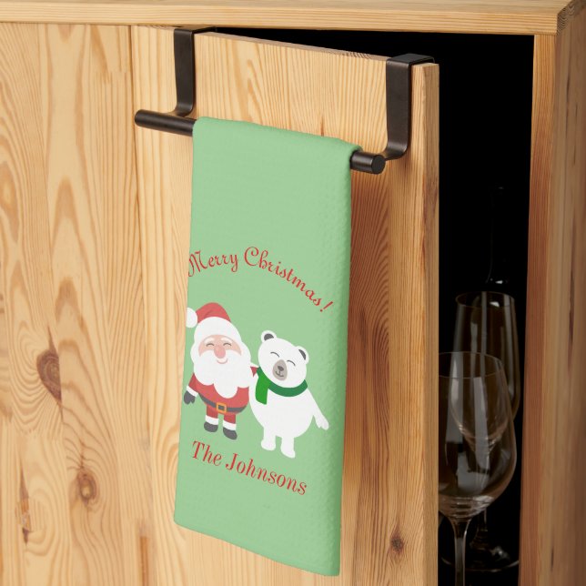 Holiday Santa and Bear Christmas Kitchen Towel (Thirds Fold)