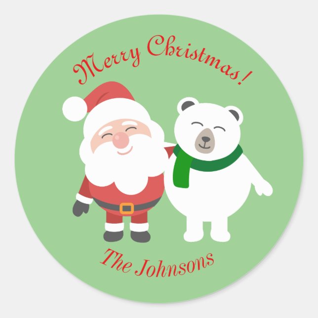 Holiday Santa and Bear Christmas Round Sticker  (Front)