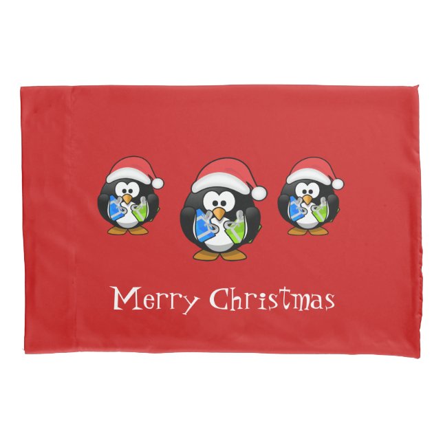 Holiday Santa Penguins Pillowcase (Front)