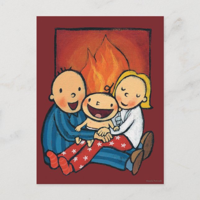 Holiday Scene: Family in Front of the Fireplace Postcard (Front)