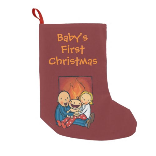 Holiday Scene Family in Front of the Fireplace Small Christmas Stocking