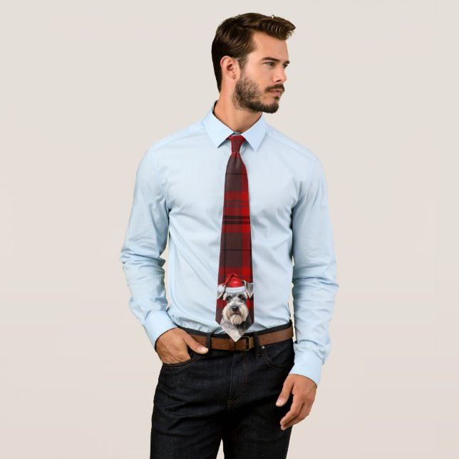 Holiday Schnauzer Dog Red Plaid Christmas Neck Tie (In Situ)